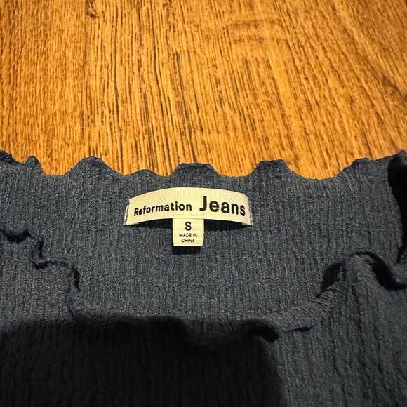 Reformation Blue textured long sleeve top blouse size small casual mock neck - Picture 3 of 7